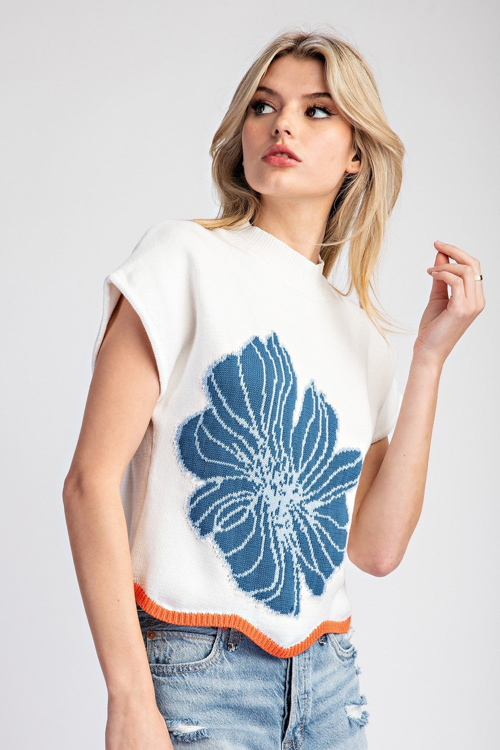 Blue Flower Short Sleeve Sweater