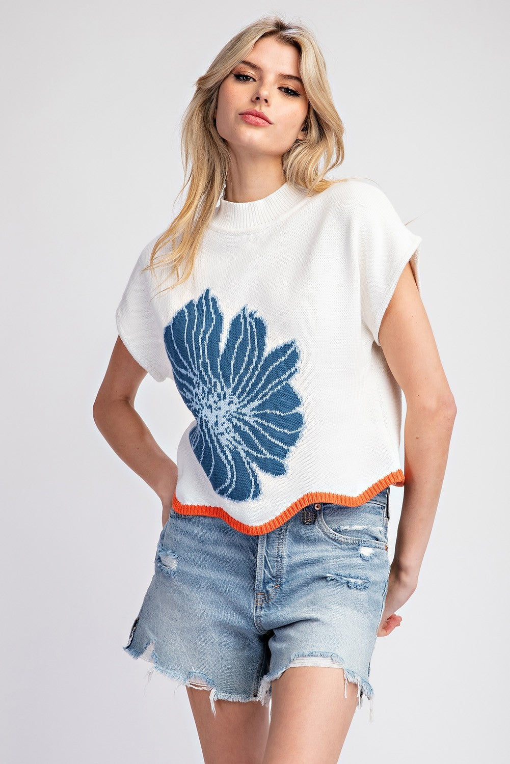 Blue Flower Short Sleeve Sweater