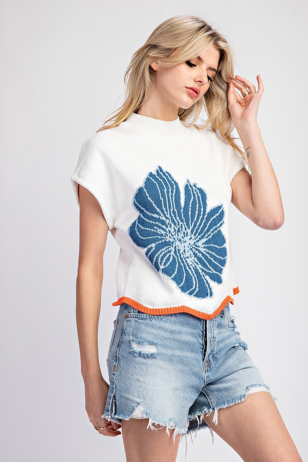 Blue Flower Short Sleeve Sweater