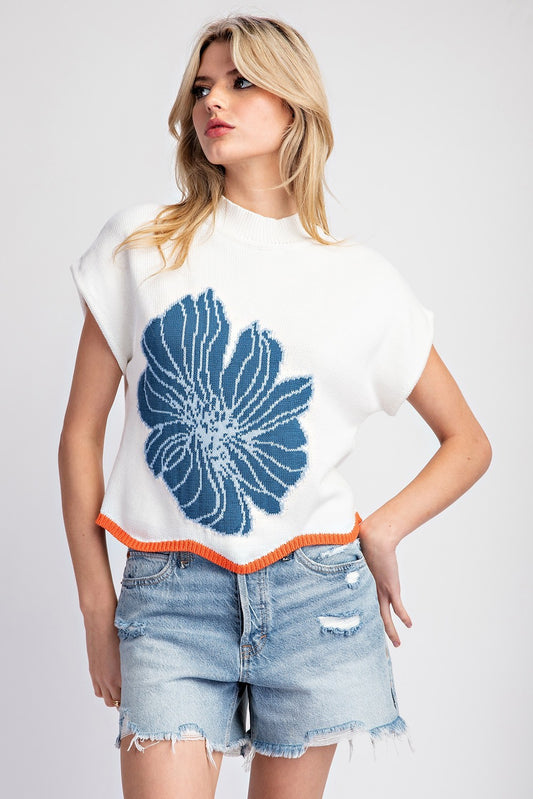 Blue Flower Short Sleeve Sweater