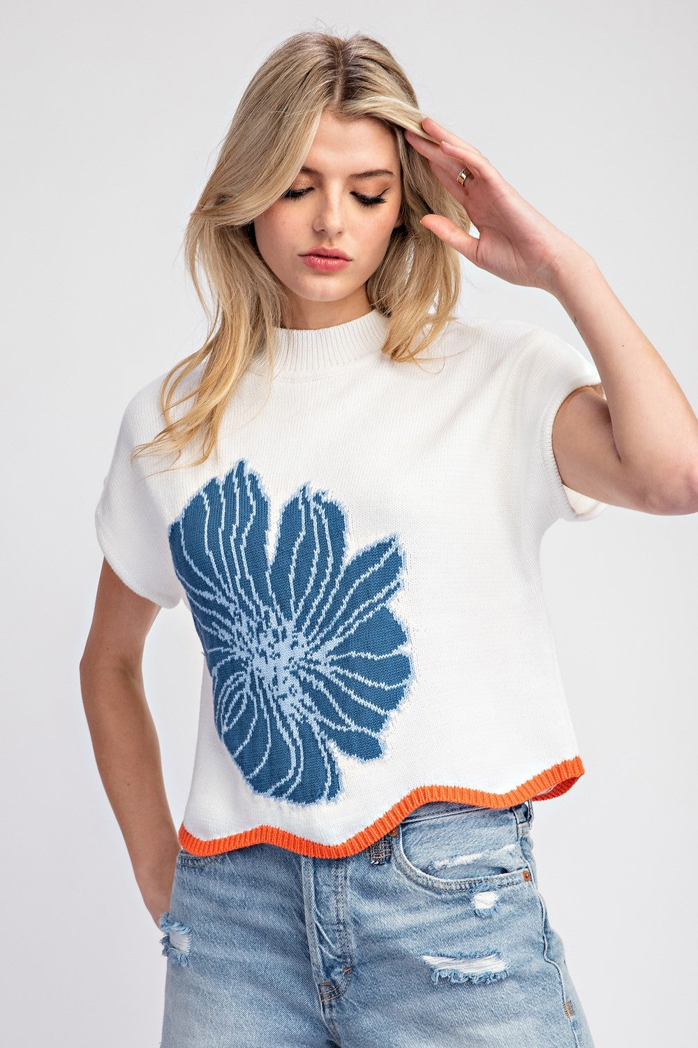 Blue Flower Short Sleeve Sweater