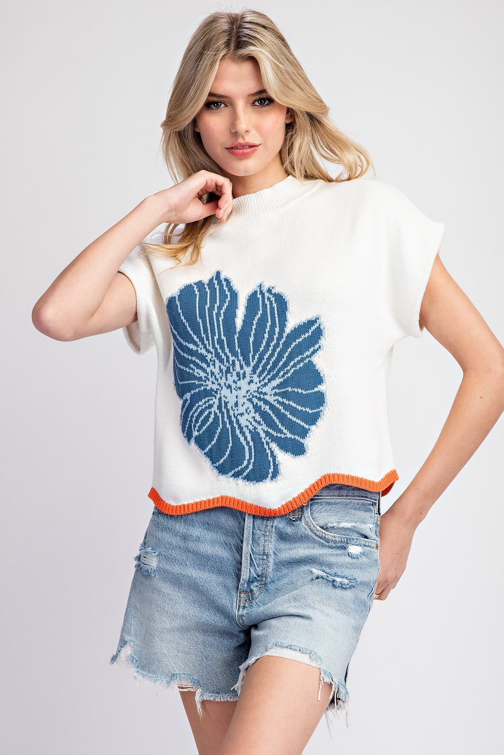 Blue Flower Short Sleeve Sweater