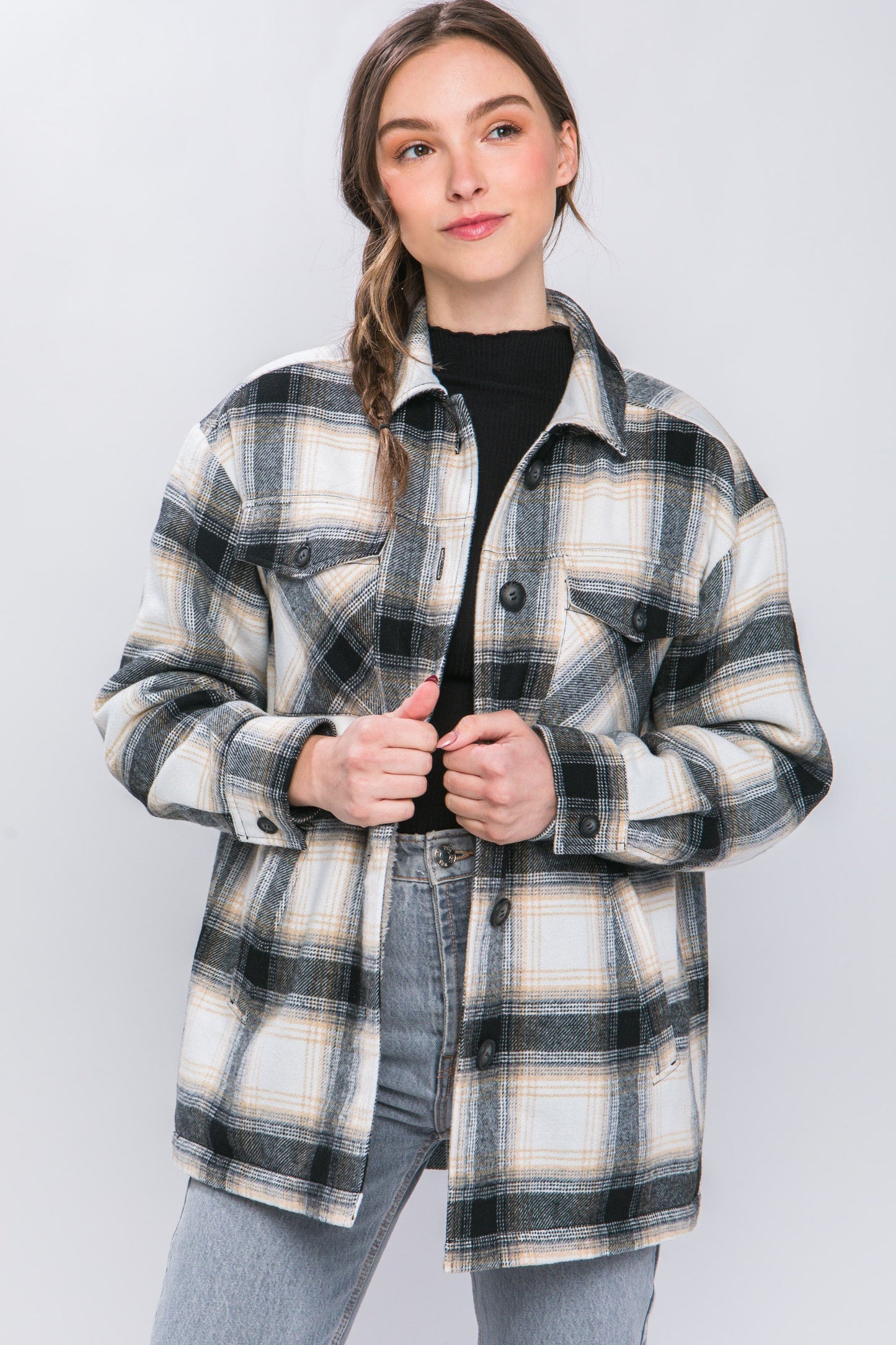 Woven Plaid Longline Jacket in Black