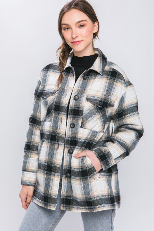 Woven Plaid Longline Jacket in Black