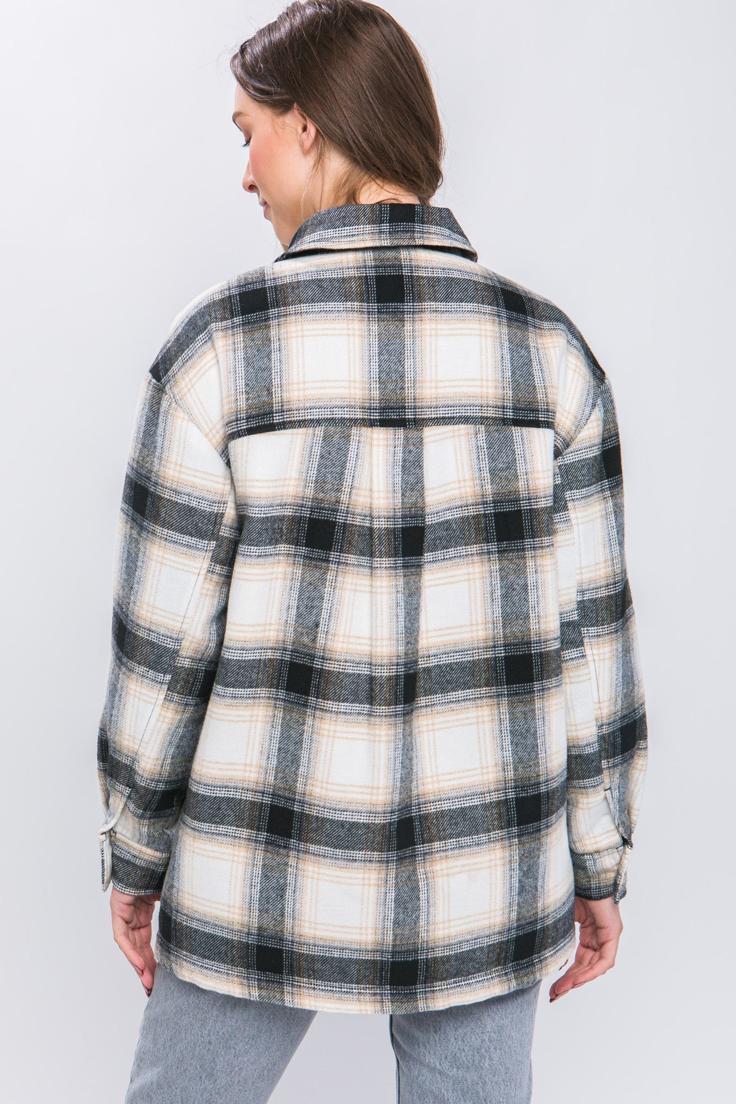 Woven Plaid Longline Jacket in Black