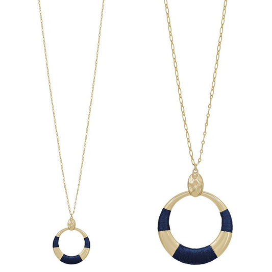 Round Metal Pendant in Navy Thread