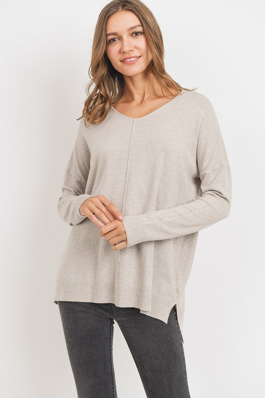 V-Neck Hi/Low Sweater in Warm Grey