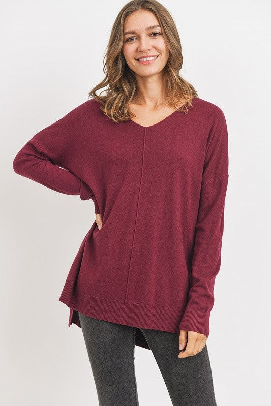 V-Neck Hi/Low Sweater in Mulberry