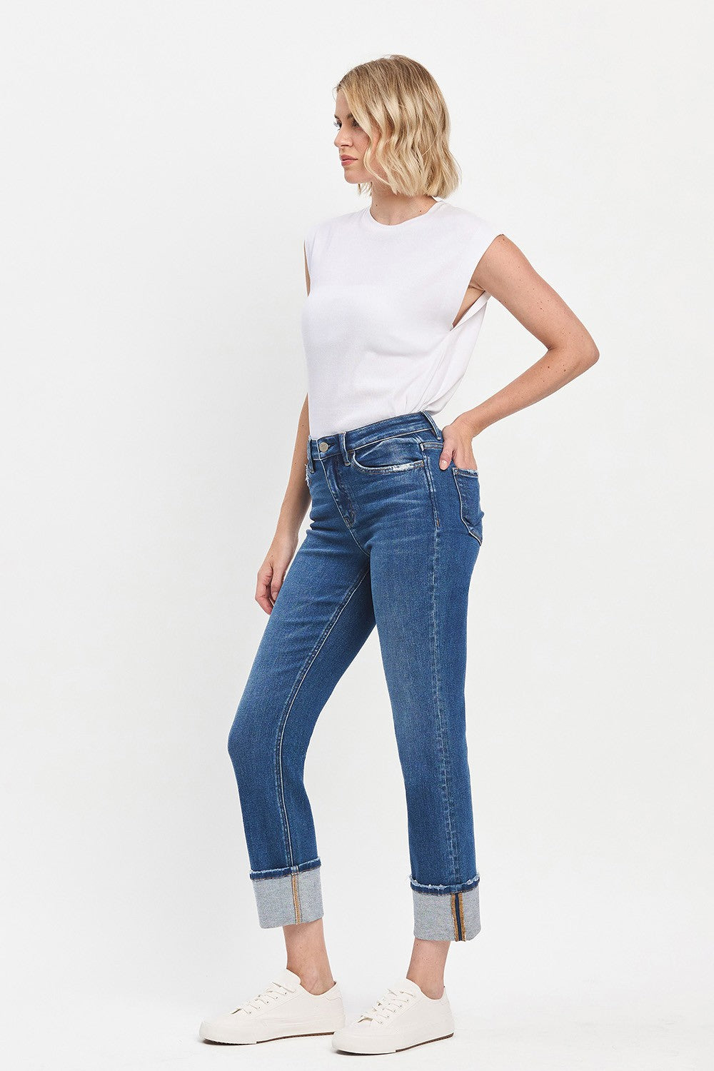 High Rise Cuff Slim Jeans