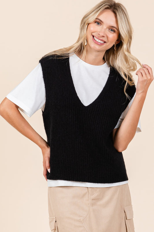 Ribbed Knit Sweater Vest & Tee