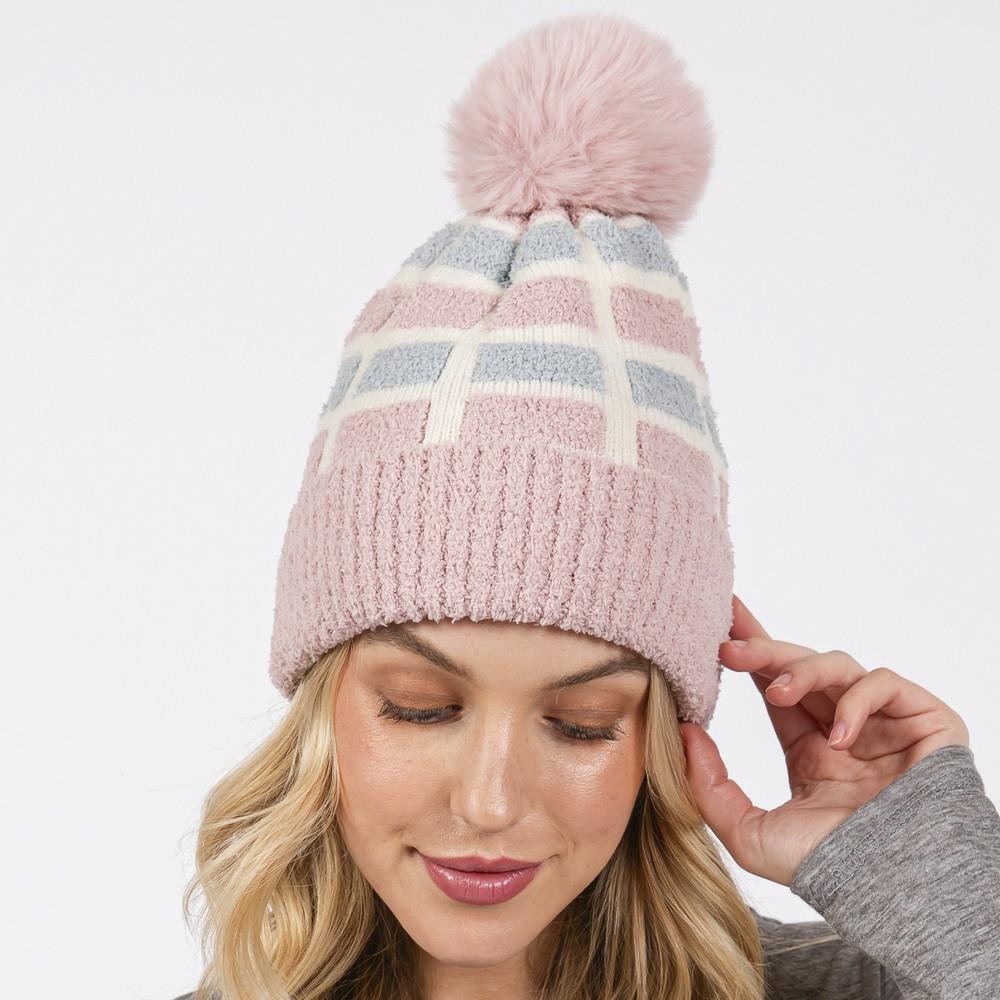 Cozy Color Block Pom Pom Beanie