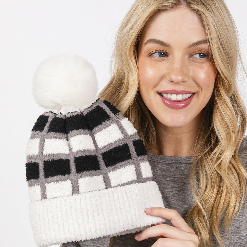 Cozy Color Block Pom Pom Beanie