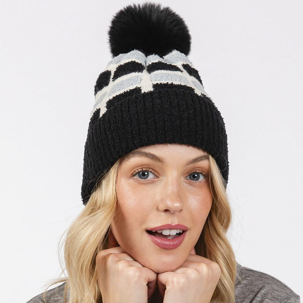 Cozy Color Block Pom Pom Beanie