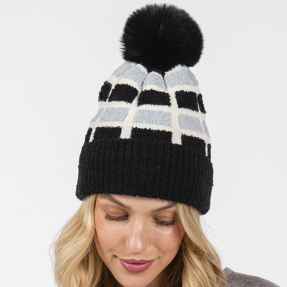 Cozy Color Block Pom Pom Beanie
