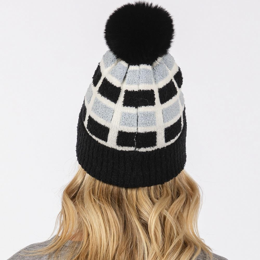 Cozy Color Block Pom Pom Beanie