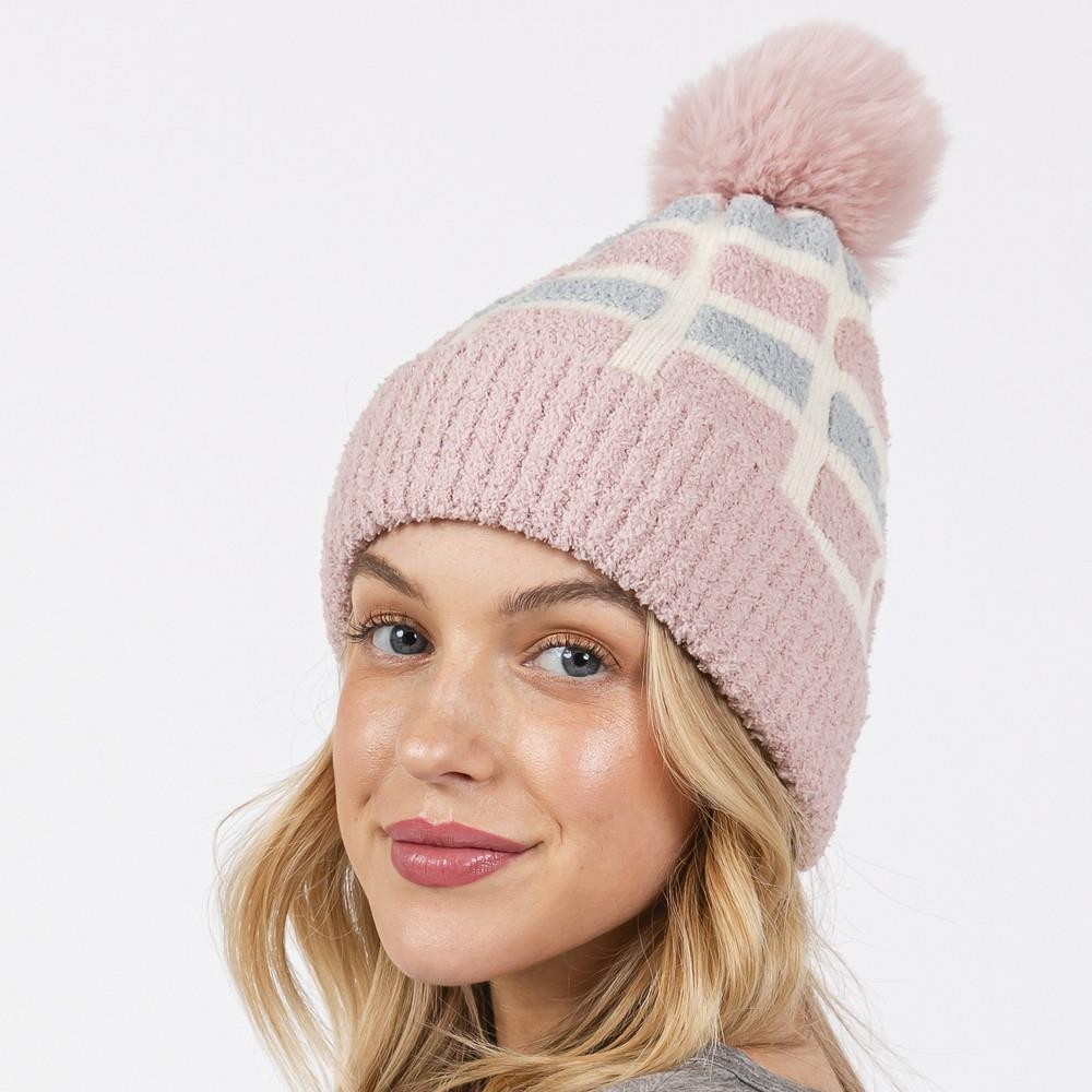Cozy Color Block Pom Pom Beanie