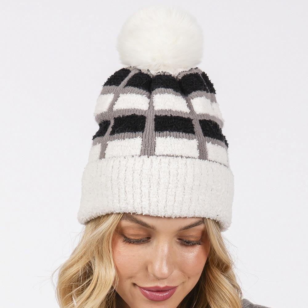 Cozy Color Block Pom Pom Beanie