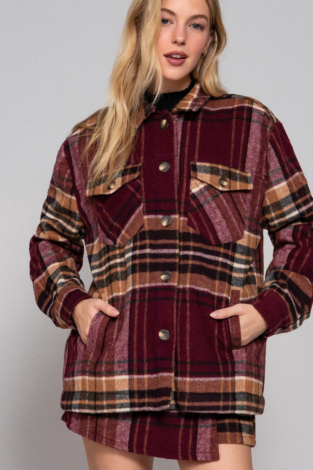 Burgundy Plaid Sherpa Lined Jacket