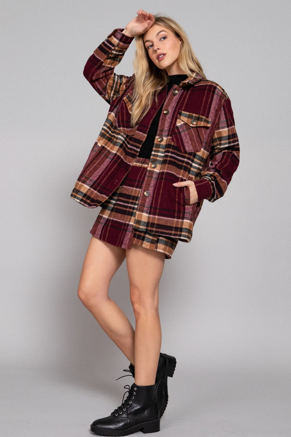 Burgundy Plaid Sherpa Lined Jacket