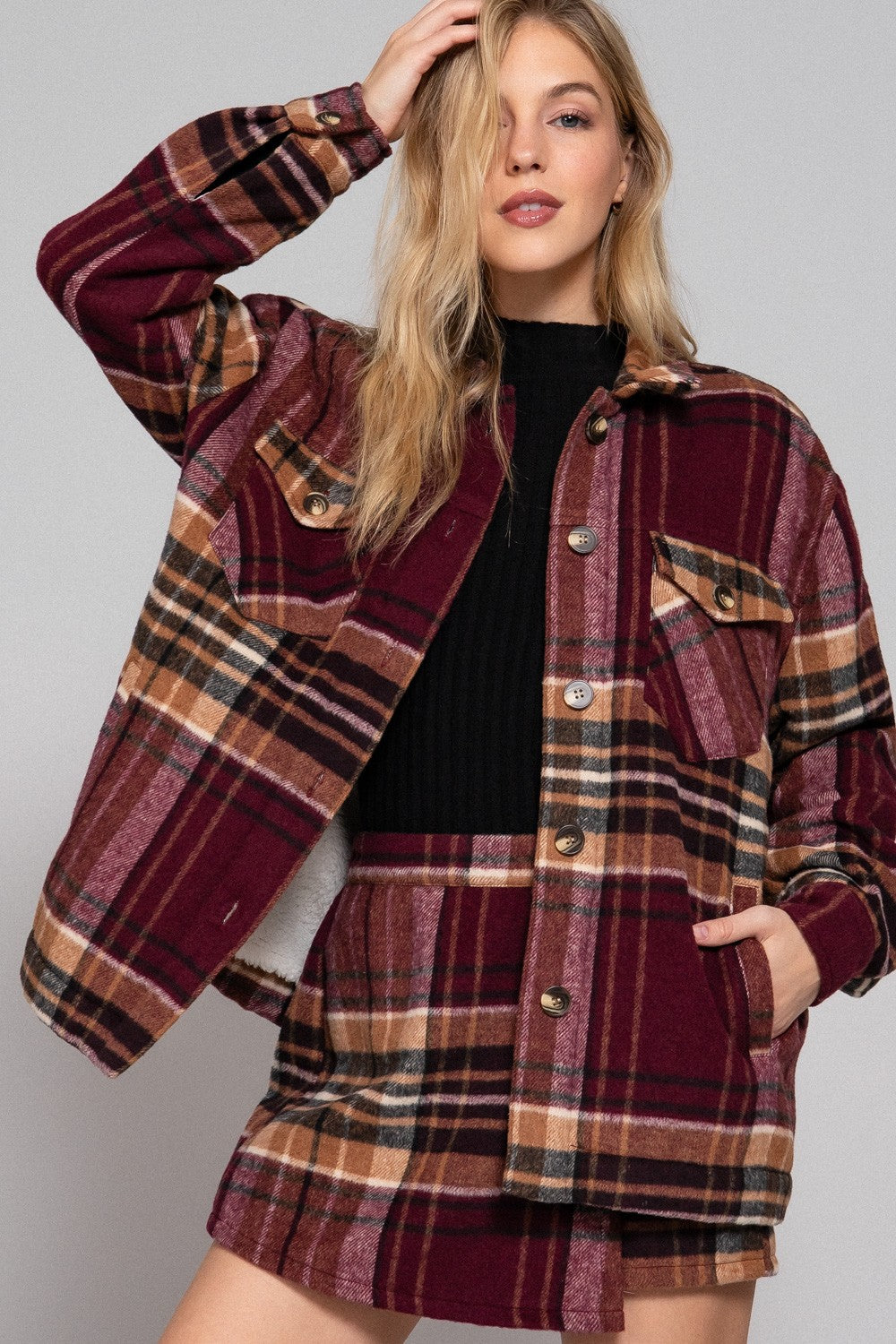 Curvy Sherpa Lined Jacket in Burgundy