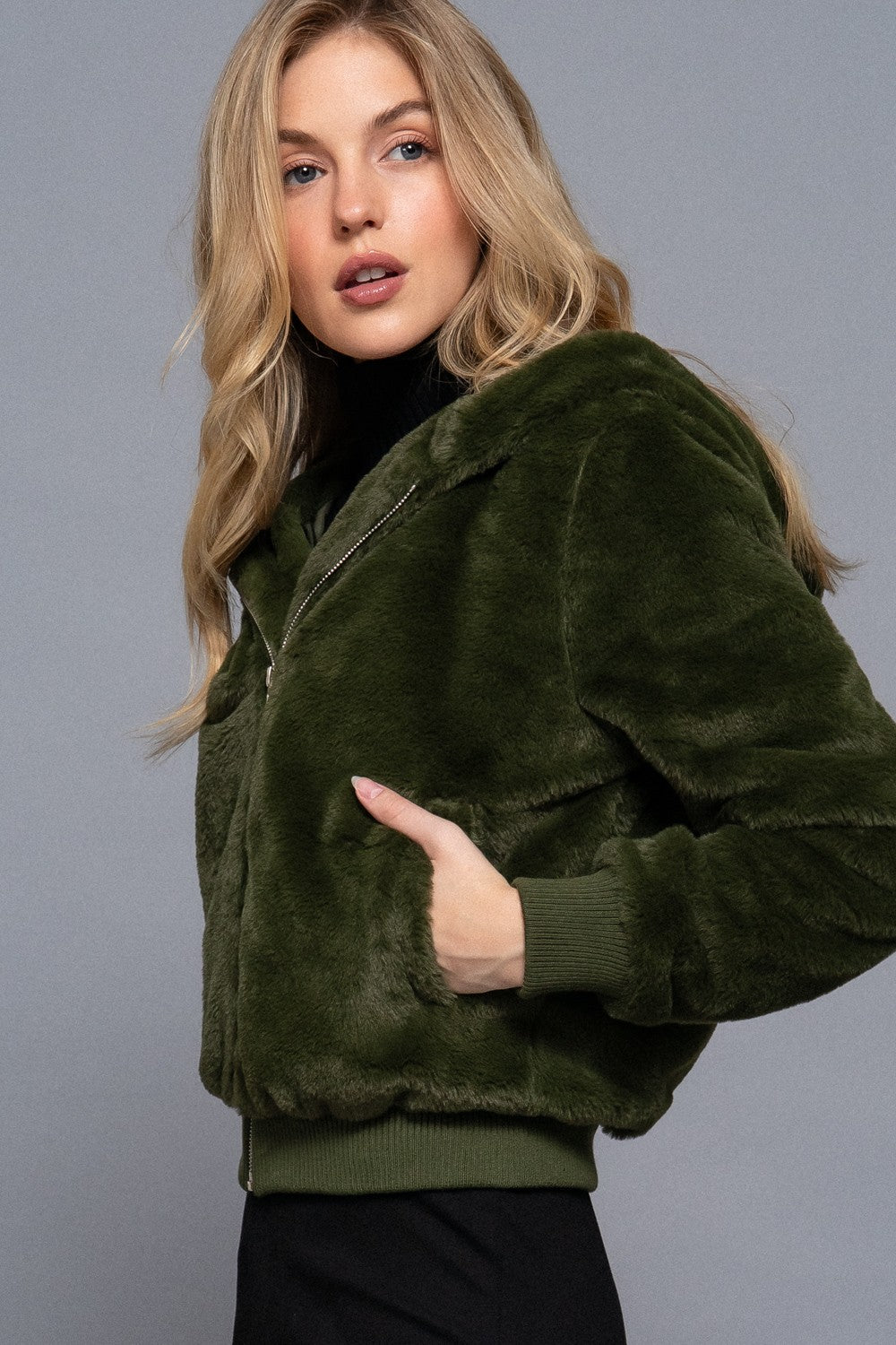 Faux Fur Hoodie Jacket in Olive