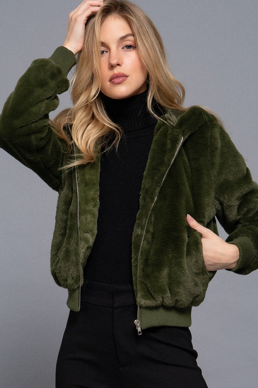 Faux Fur Hoodie Jacket in Olive