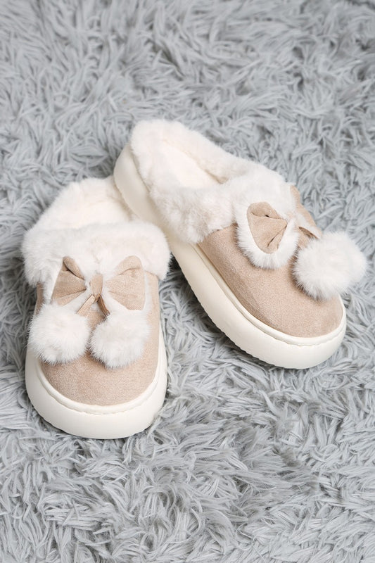 Bow & Pom Slippers in Beige