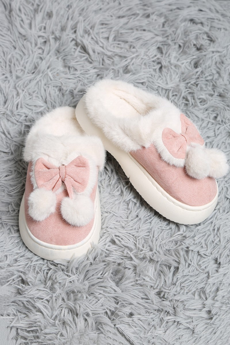 Bow & Pom Slippers in Pink