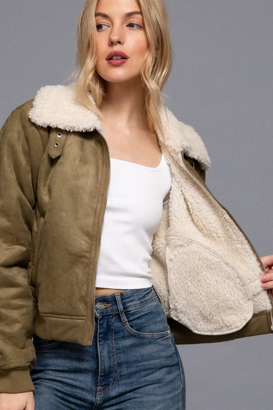 Faux Suede Fur lined Jacket in Olive