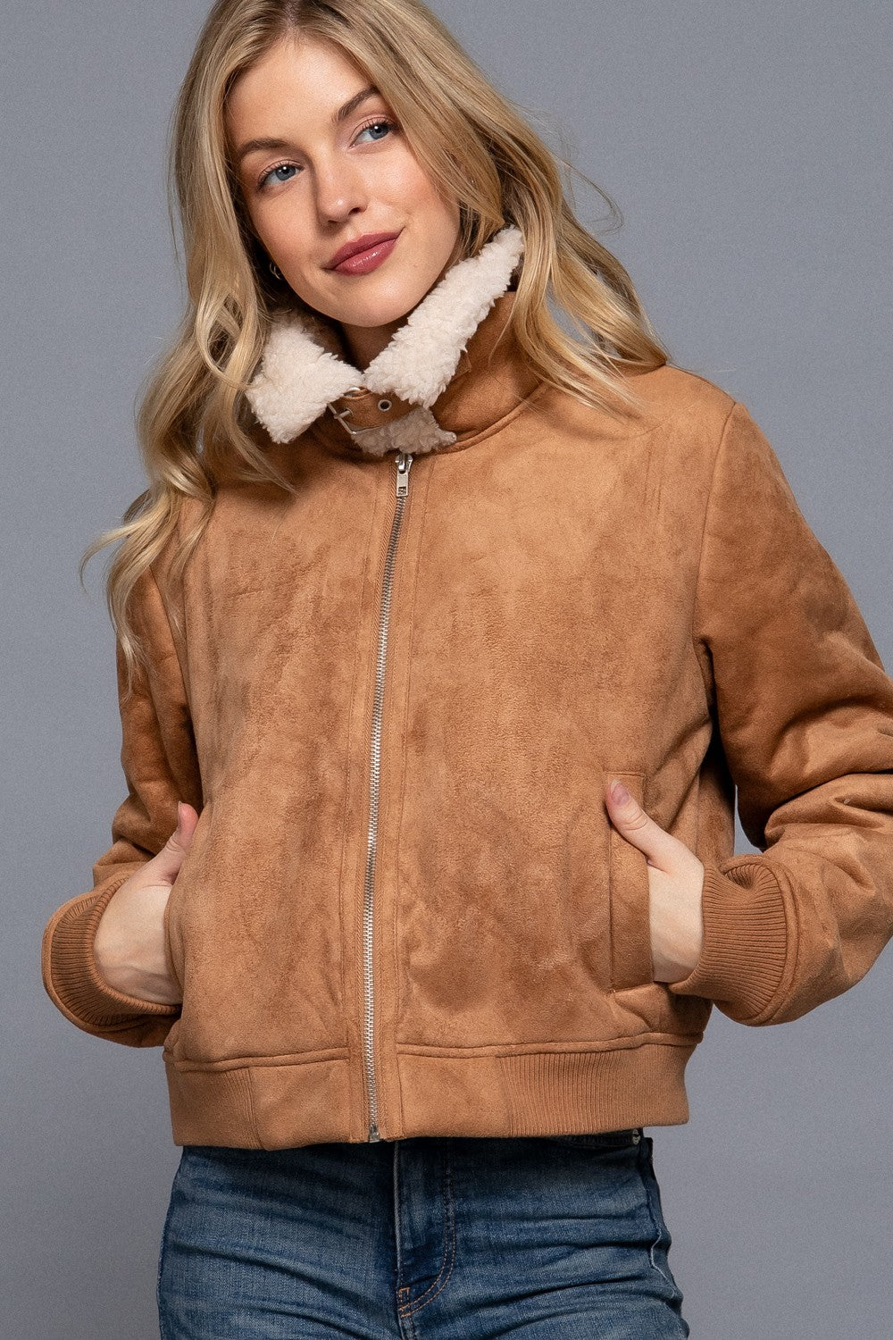 Faux Suede Fur lined Jacket in Tan