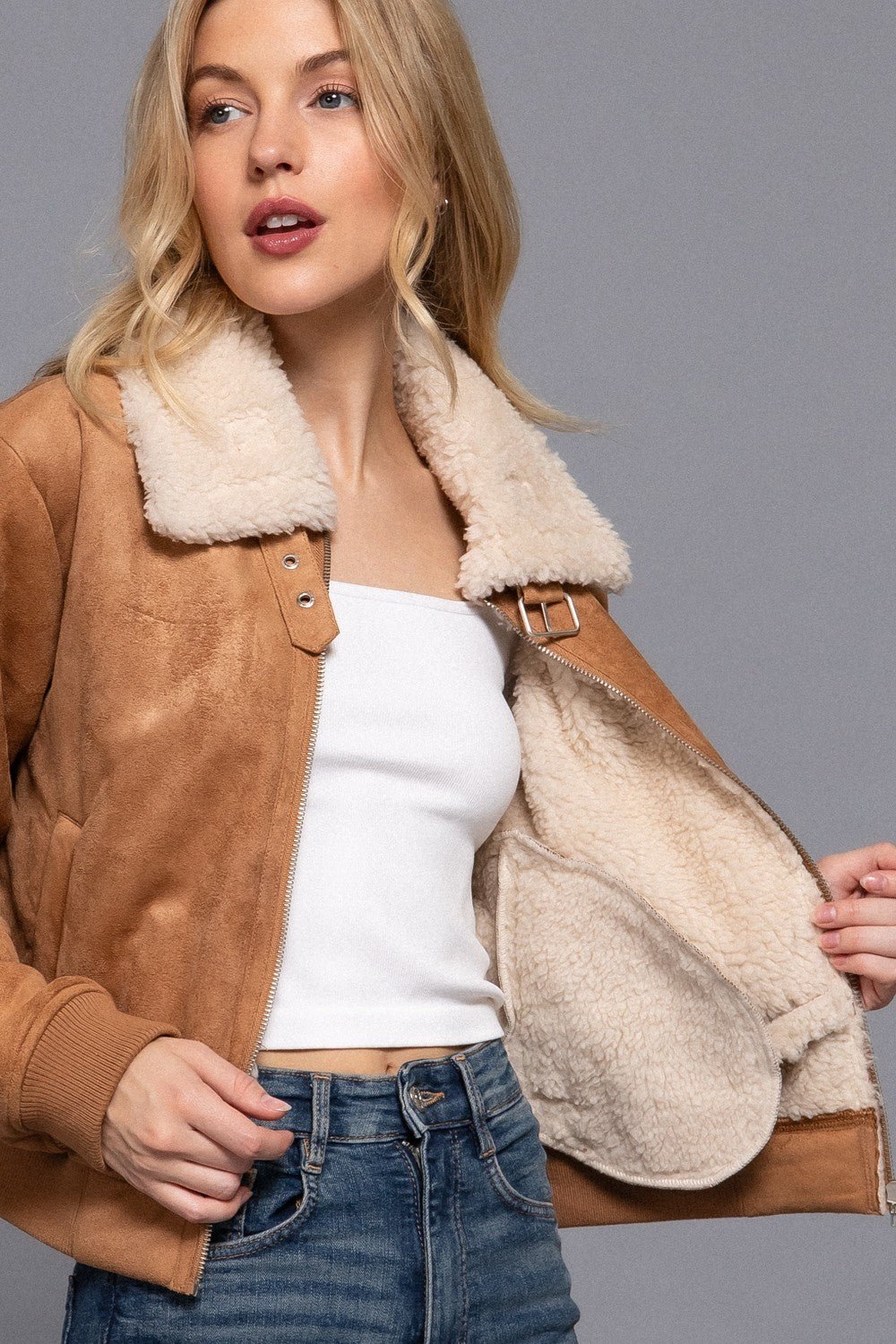 Faux Suede Fur lined Jacket in Tan