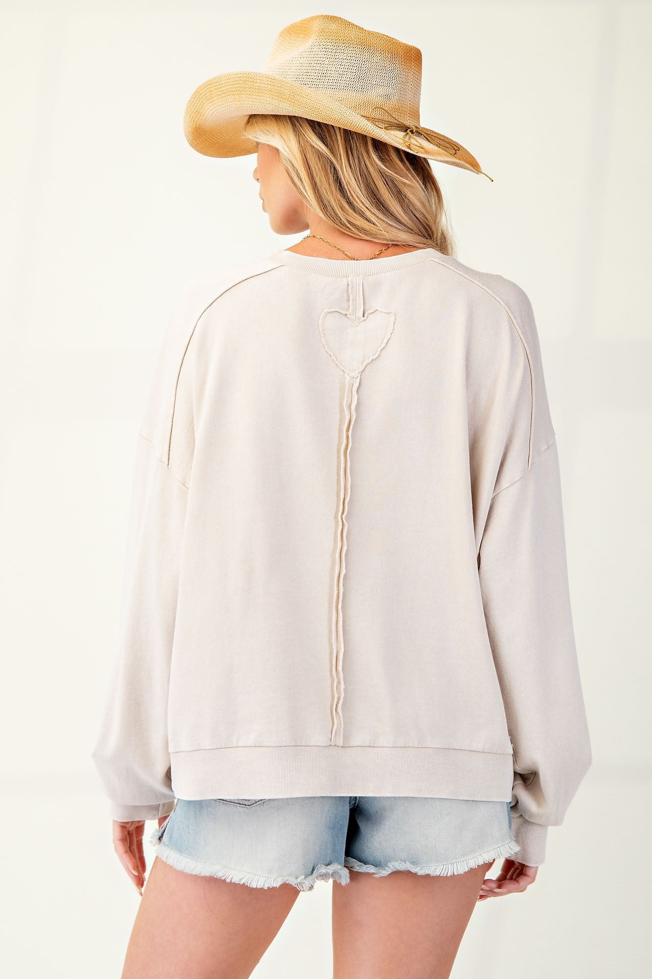 Heart Patch Mineral Wash Pullover in Natural