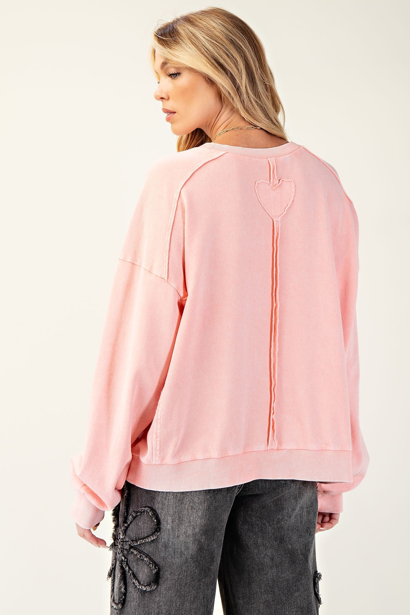 Heart Patch Mineral Wash Pullover in Peach