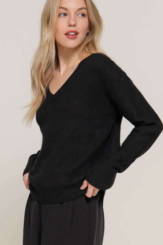 V-Neck Raised Seam Detail Sweater in Black