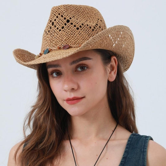Vintage Straw Cowboy Hat With Shell Charm Band