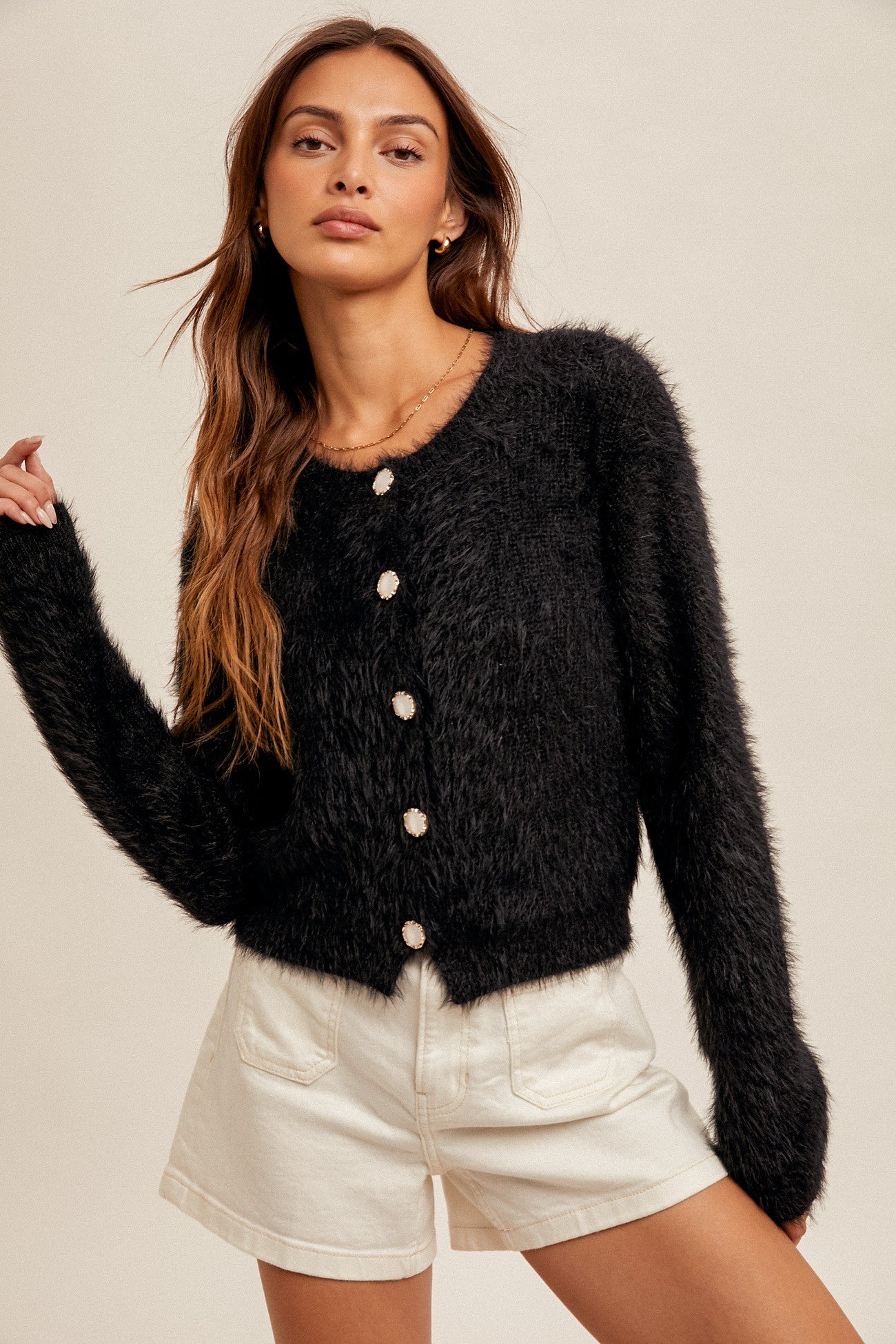 Soft Eyelash Button Down Sweater in Black