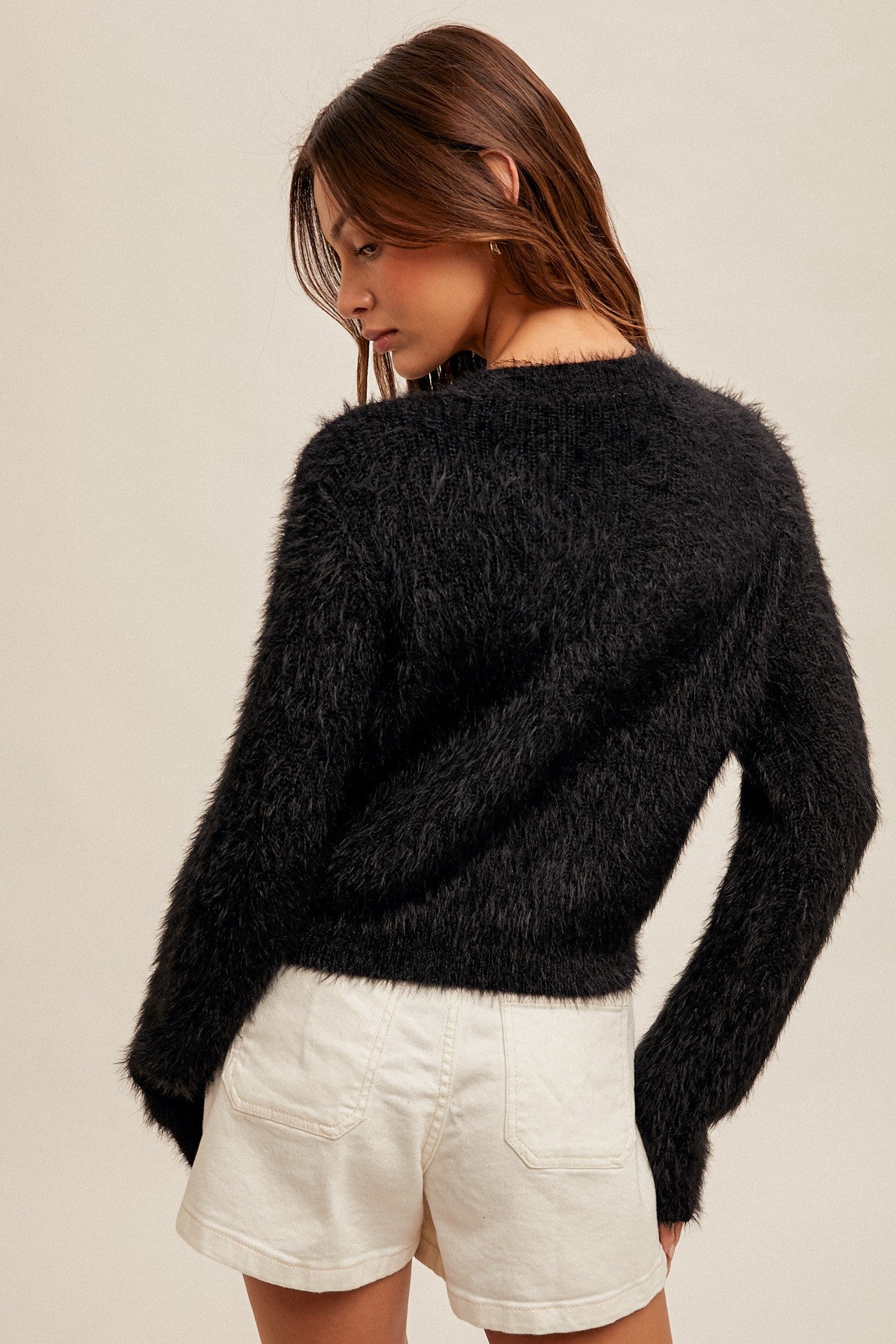 Soft Eyelash Button Down Sweater in Black