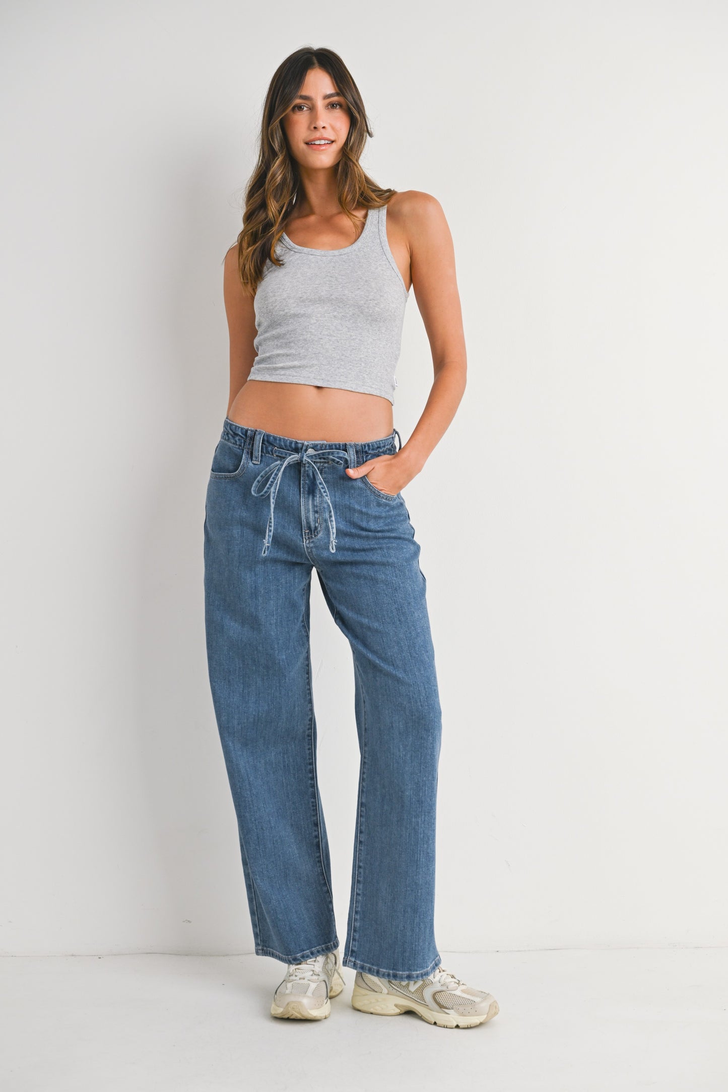 Wide Leg Drawstring Jeans in Med Wash