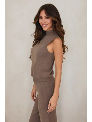 Milio Milano Italian Knit Sleeveless Mock Neck Top in Dark Mocha