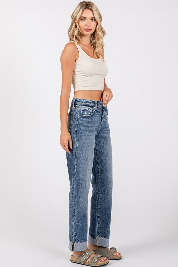 High Rise Baggy Straight Cuffed Jeans