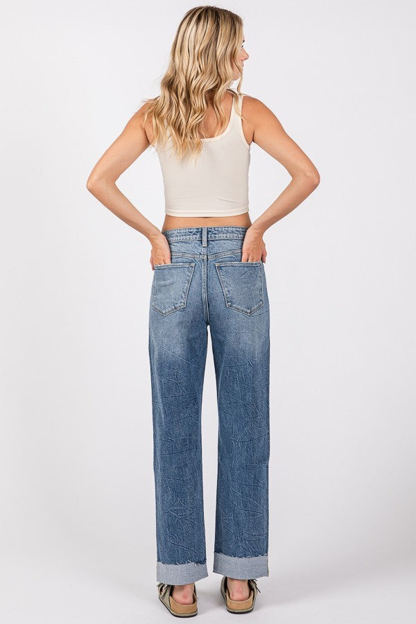 High Rise Baggy Straight Cuffed Jeans