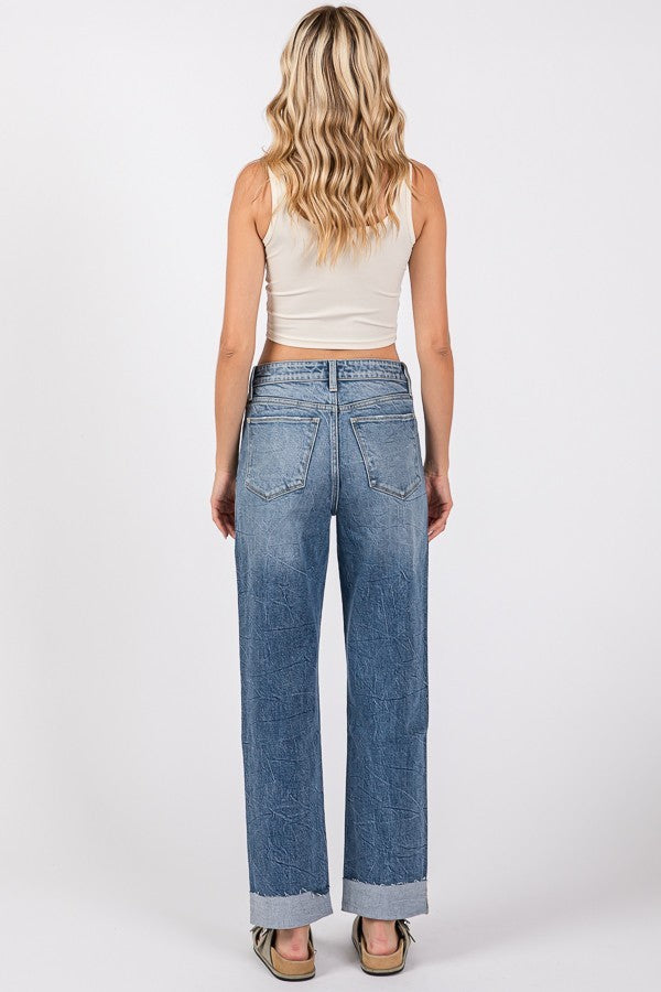 High Rise Baggy Straight Cuffed Jeans