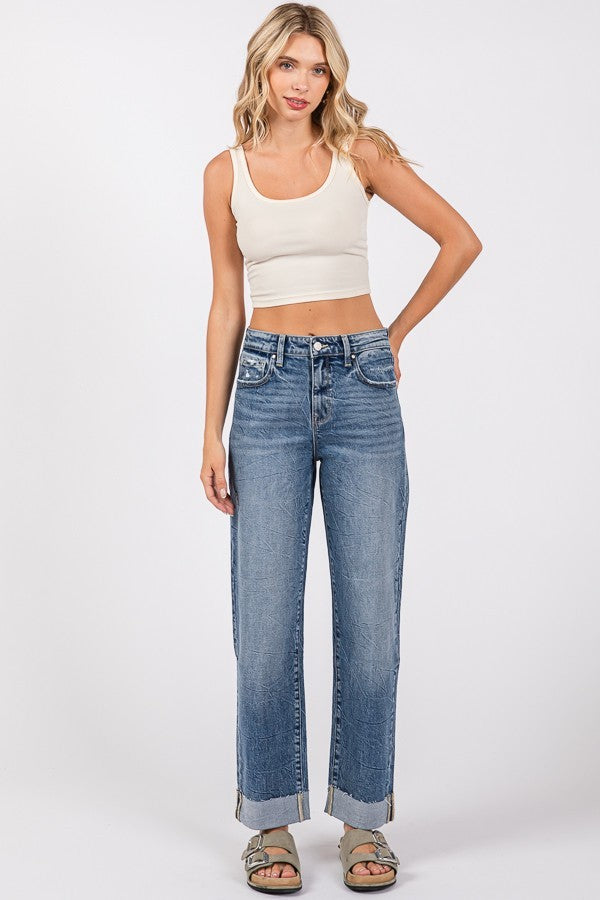 High Rise Baggy Straight Cuffed Jeans