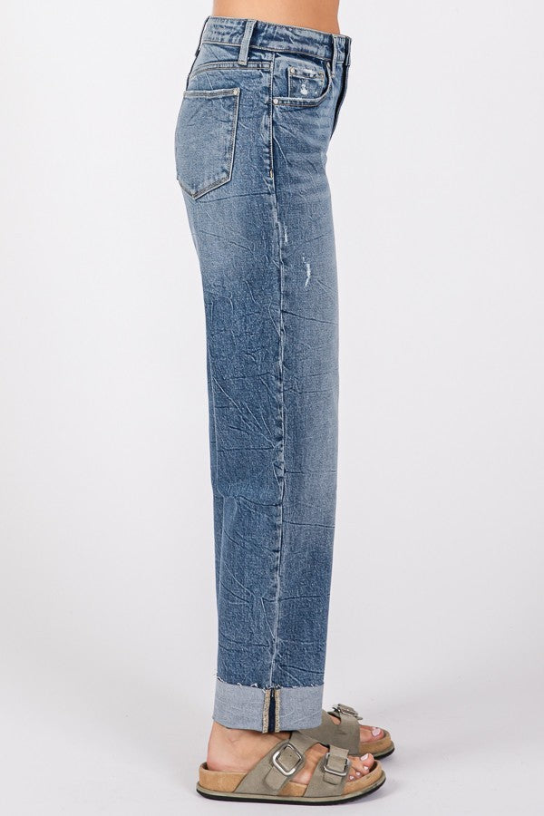 High Rise Baggy Straight Cuffed Jeans