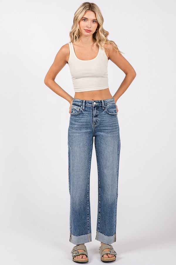 High Rise Baggy Straight Cuffed Jeans