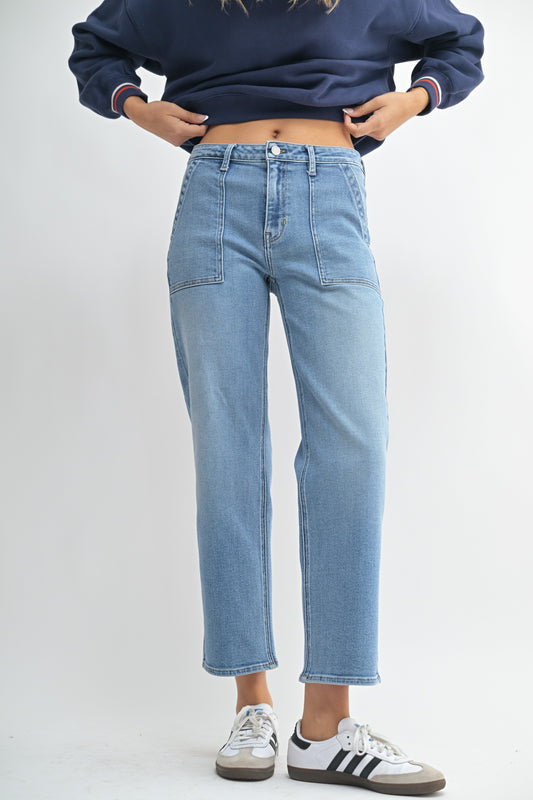 Utility Pocket Straight Leg Jeans in Light Denim