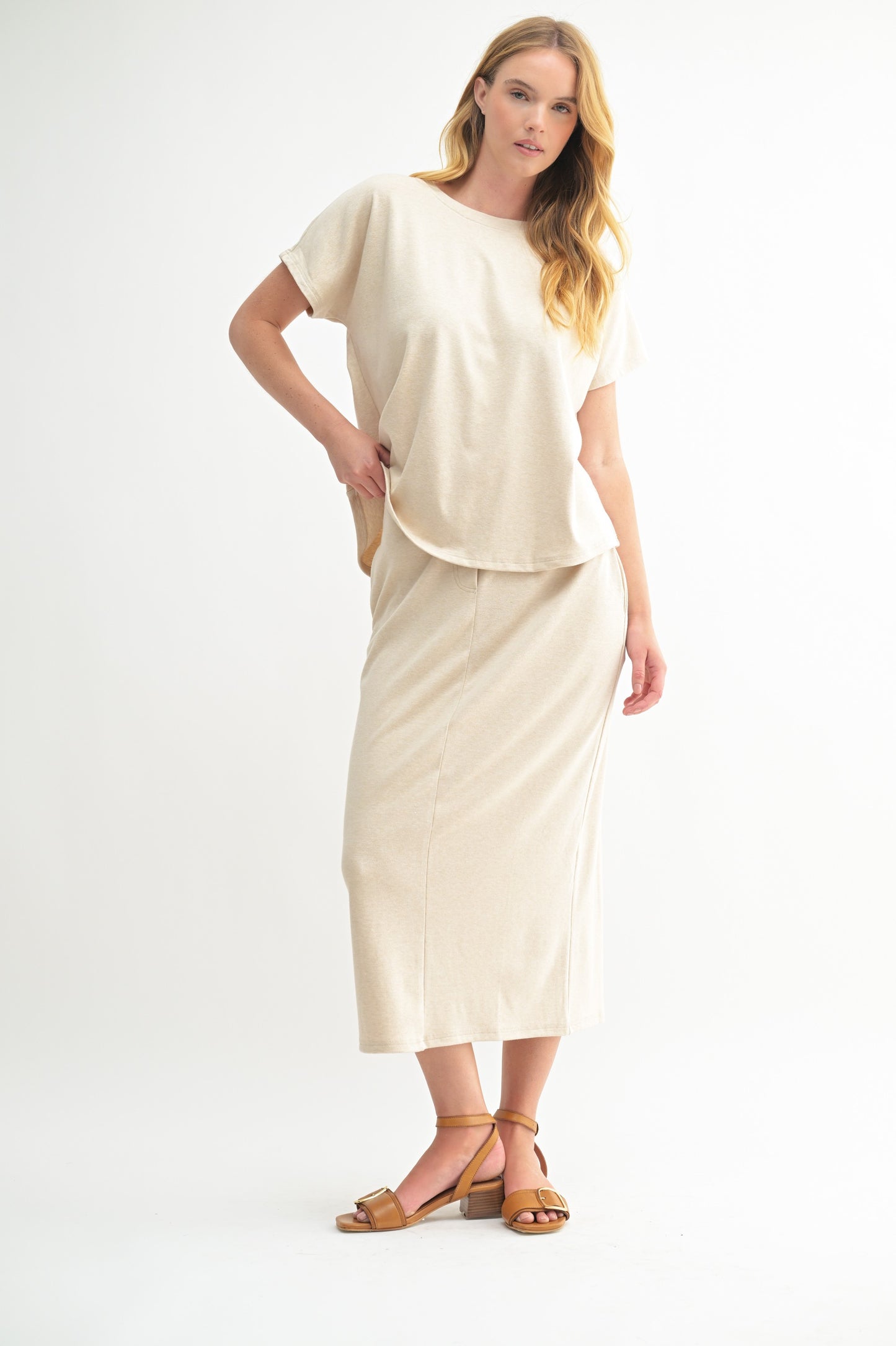 Stretch Midi Track Skirt in Oatmeal