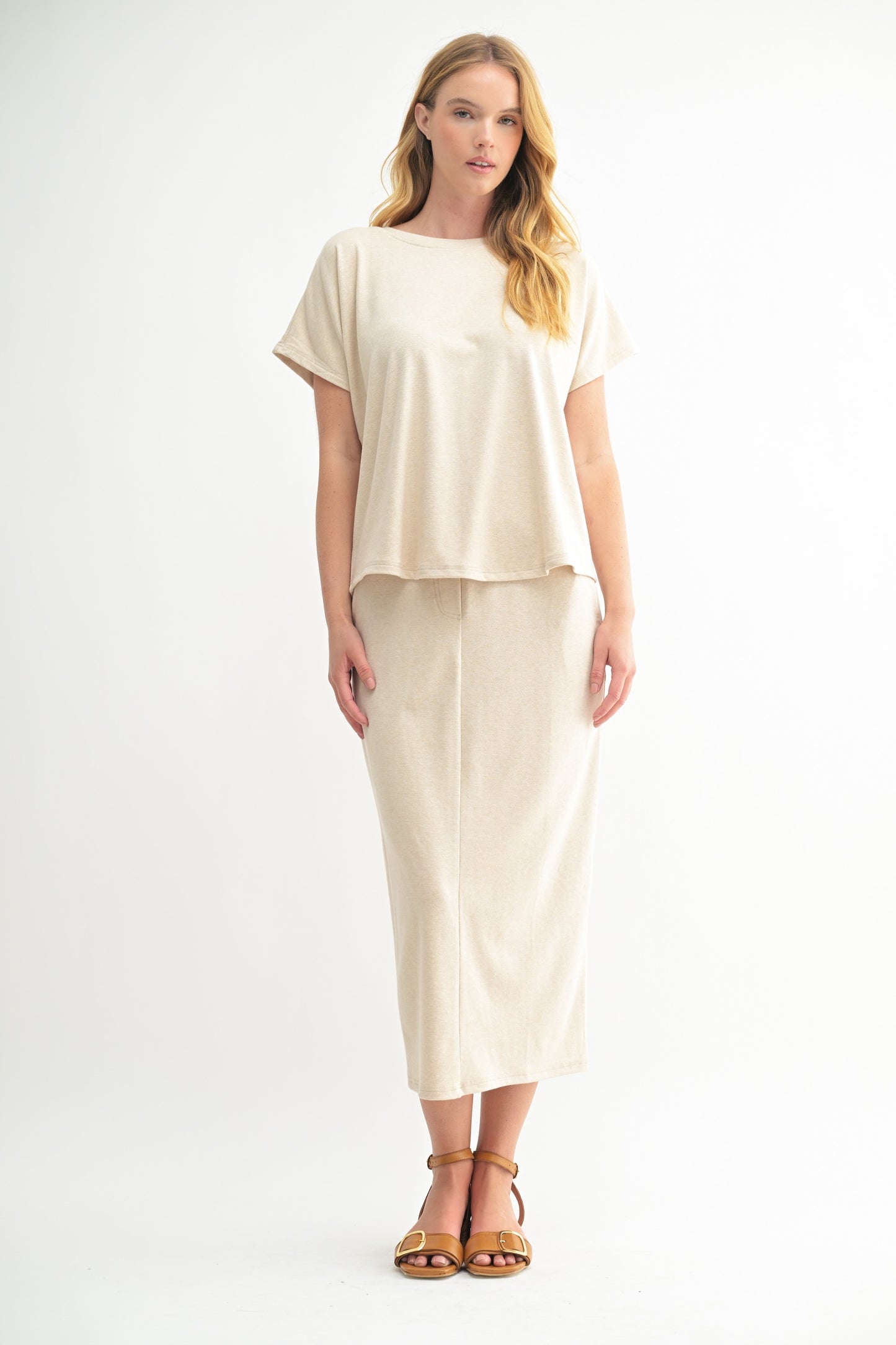 Stretch Midi Track Skirt in Oatmeal