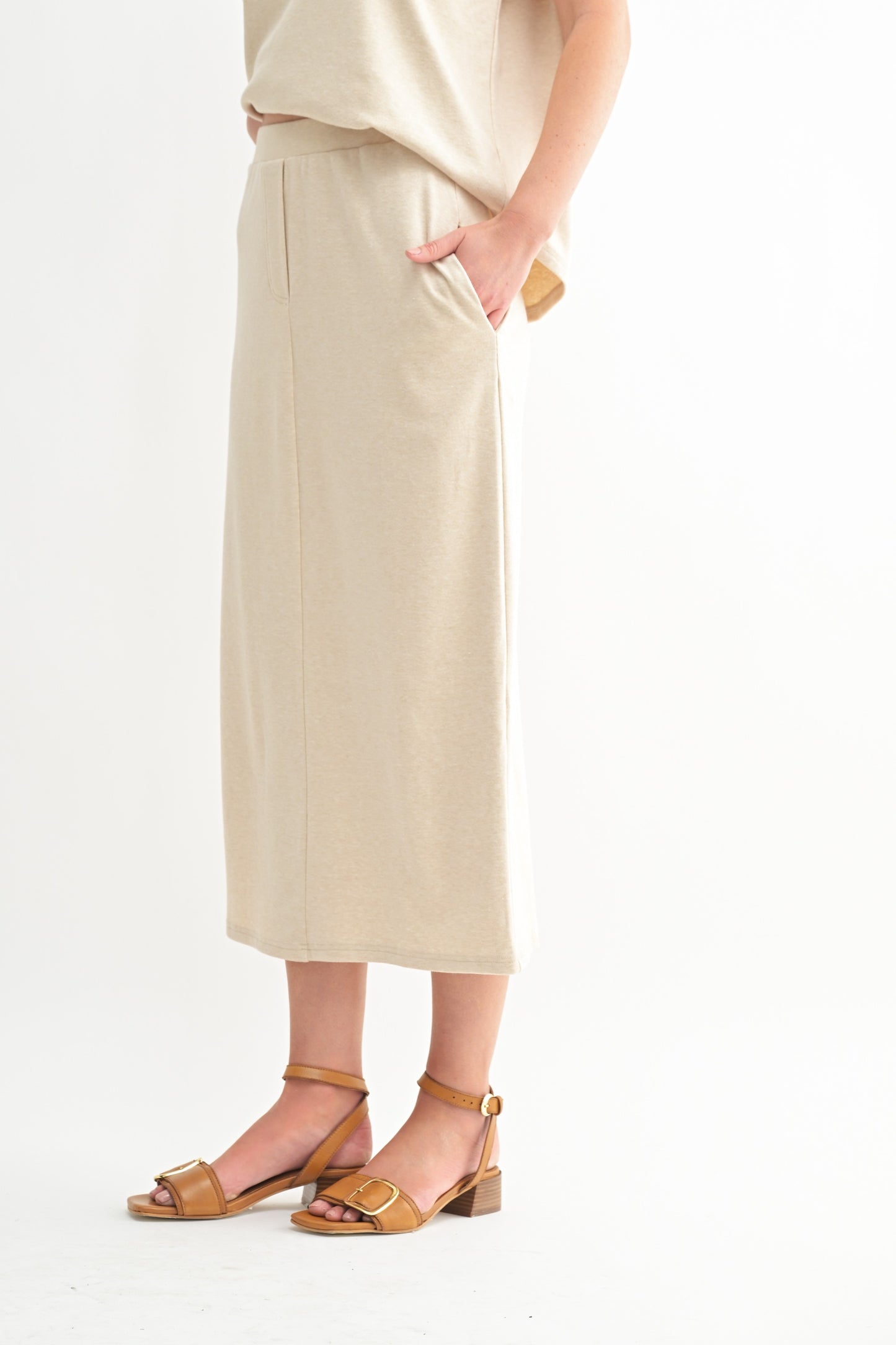 Stretch Midi Track Skirt in Oatmeal