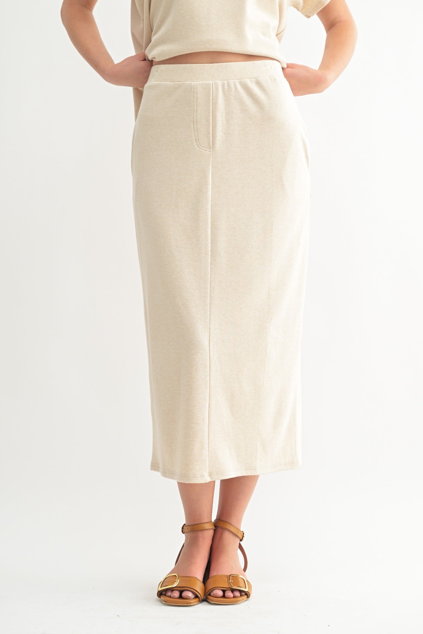 Stretch Midi Track Skirt in Oatmeal